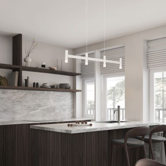 Lampadario a sospensione lineare a 4 luci led 17w 3000k dimmerabile per cucina bianco sabbiato
