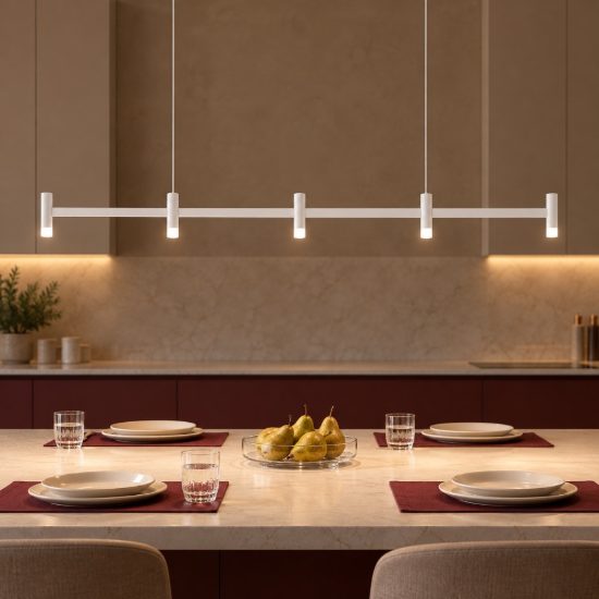 Lampadario a sospensione lineare a 5 luci led 21w 2700k dimmerabile per cucina bianco sabbiato