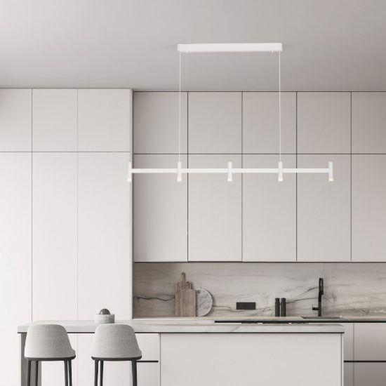 Lampadario a sospensione lineare a 5 luci led 21w 2700k dimmerabile per cucina bianco sabbiato