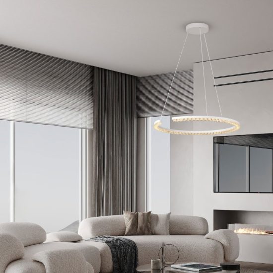 Lampadario a sospensione ad anello led 30w 3000k dimmerabile per soggiorno bianco sabbiato