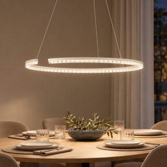 Lampadario a sospensione ad anello led 43w 3000k dimmerabile per soggiorno bianco sabbiato