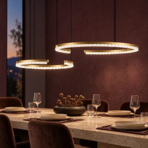 Lampadario a sospensione a due anelli led 49w 3000k dimmerabile per soggiorno oro