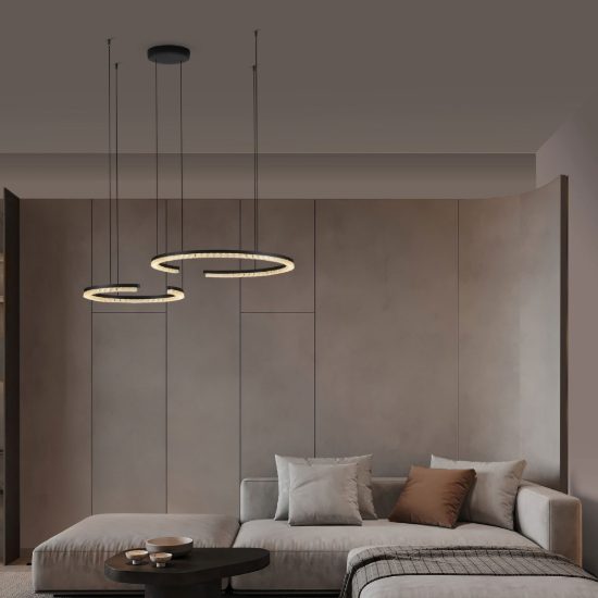 Lampadario a sospensione a due anelli led 49w 3000k dimmerabile per soggiorno nero sabbiato