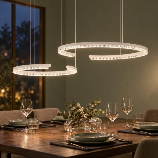 Lampadario a sospensione a due anelli led 49w 3000k dimmerabile per soggiorno bianco sabbiato