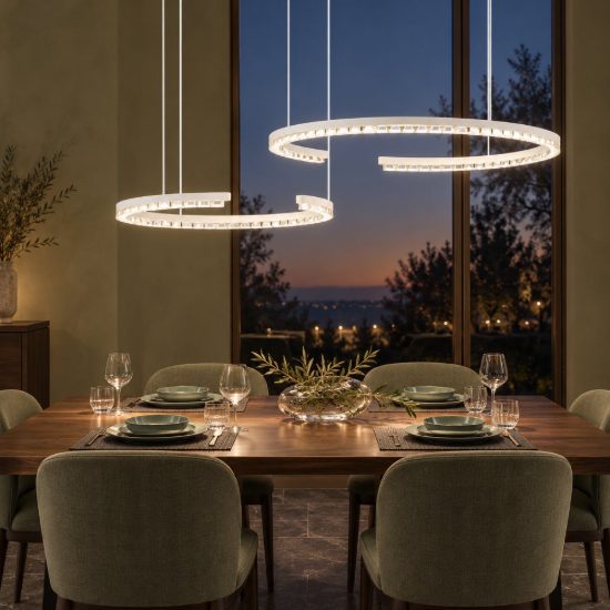 Lampadario a sospensione a due anelli led 49w 3000k dimmerabile per soggiorno bianco sabbiato