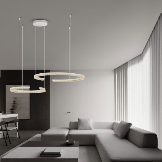 Lampadario a sospensione a due anelli led 49w 3000k dimmerabile per soggiorno bianco sabbiato