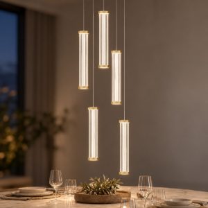 Lampadario a sospensione con 5 pendenti led 21w 2700k per soggiorno trasparente e oro spazzolato