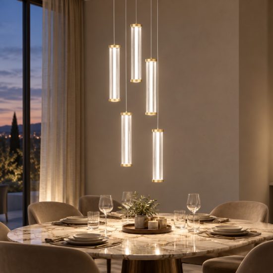 Lampadario a sospensione con 5 pendenti led 21w 2700k per soggiorno trasparente e oro spazzolato