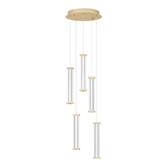 Lampadario a sospensione con 5 pendenti led 21w 2700k per soggiorno trasparente e oro spazzolato