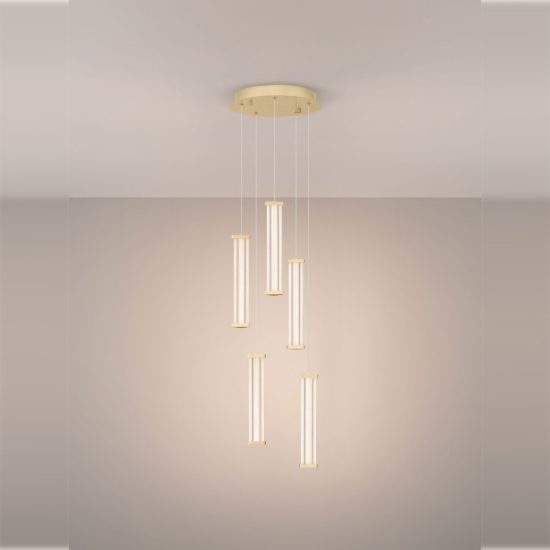 Lampadario a sospensione con 5 pendenti led 21w 2700k per soggiorno trasparente e oro spazzolato