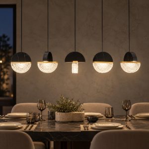 Lampadario a sospensione lineare a sfere led 30w 2700k per sala da pranzo nero, oro ottone e bianco