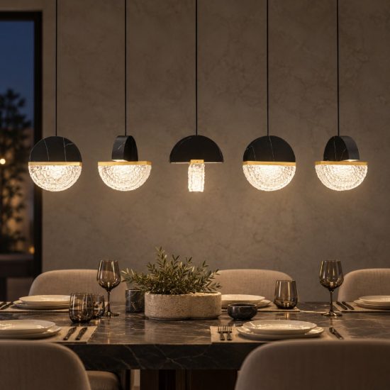 Lampadario a sospensione lineare a sfere led 30w 2700k per sala da pranzo nero, oro ottone e bianco