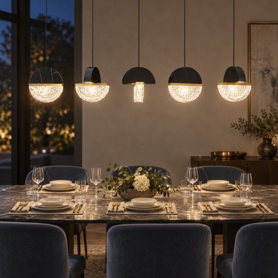 Lampadario a sospensione lineare a sfere led 30w 2700k per sala da pranzo nero, oro ottone e bianco
