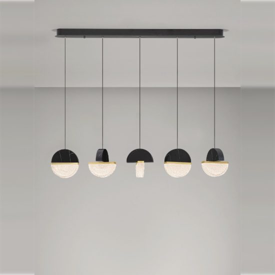 Lampadario a sospensione lineare a sfere led 30w 2700k per sala da pranzo nero, oro ottone e bianco