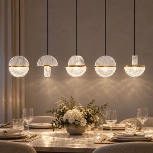 Lampadario a sospensione lineare a sfere led 30w 2700k per sala da pranzo bianco, oro ottone e nero