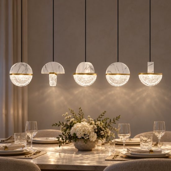 Lampadario a sospensione lineare a sfere led 30w 2700k per sala da pranzo bianco, oro ottone e nero