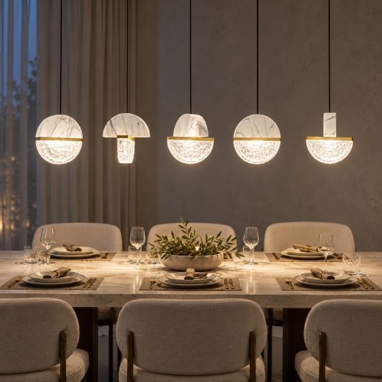 Lampadario a sospensione lineare a sfere led 30w 2700k per sala da pranzo bianco, oro ottone e nero