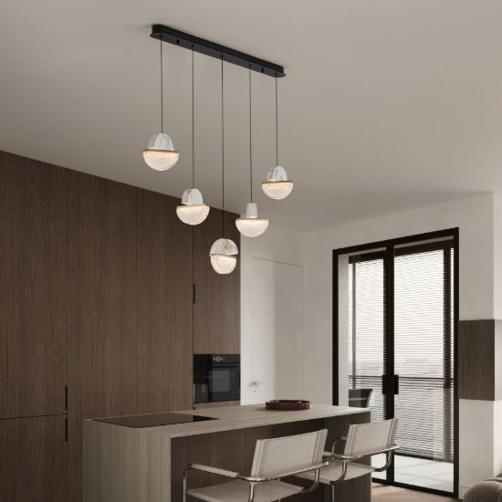 Lampadario a sospensione lineare a sfere led 30w 2700k per sala da pranzo bianco, oro ottone e nero