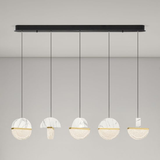 Lampadario a sospensione lineare a sfere led 30w 2700k per sala da pranzo bianco, oro ottone e nero