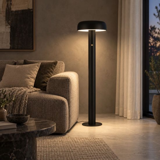 Lampada da terra con testa a disco led 28w 2700k dimmerabile per soggiorno moderna nera sabbiata