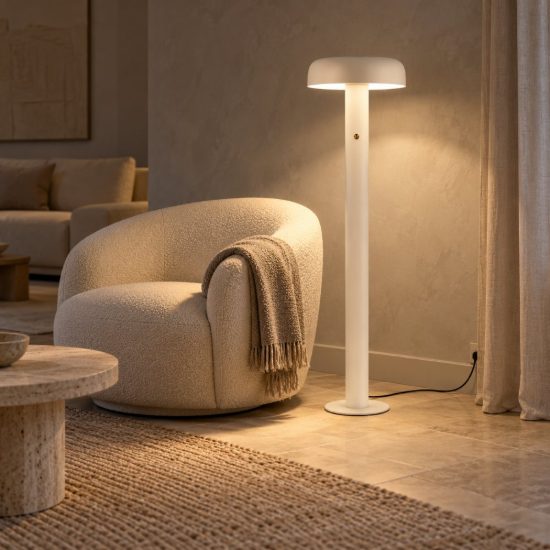 Lampada da terra con testa a disco led 28w 2700k dimmerabile per soggiorno moderna crema