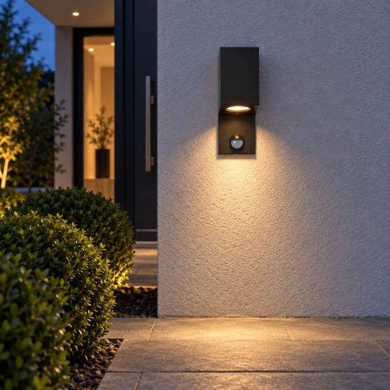 Applique da esterno quadrata nero ip65 con sensore di movimento crepuscolare