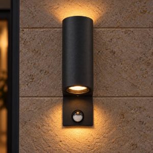 Applique da esterno biemissione semicilindrica nero ip65 con sensore di movimento crepuscolare