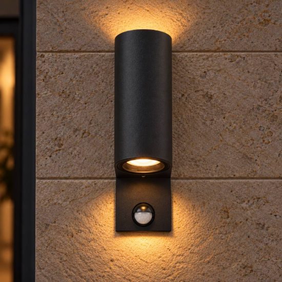 Applique da esterno biemissione semicilindrica nero ip65 con sensore di movimento crepuscolare