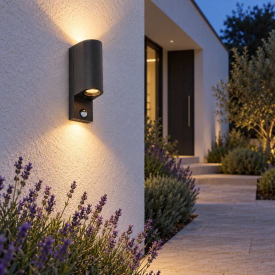 Applique da esterno biemissione semicilindrica nero ip65 con sensore di movimento crepuscolare