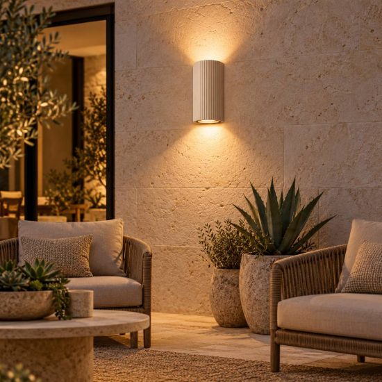 Applique da esterno biemissione semicilindrica rigata moderna tortora ip65