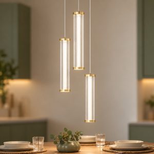 Lampadario a sospensione con 3 pendenti led 13w 2700k per cucina trasparente e oro spazzolato