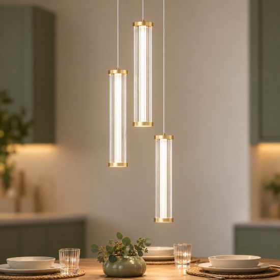 Lampadario a sospensione con 3 pendenti led 13w 2700k per cucina trasparente e oro spazzolato