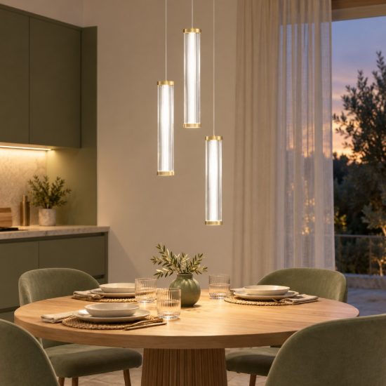 Lampadario a sospensione con 3 pendenti led 13w 2700k per cucina trasparente e oro spazzolato