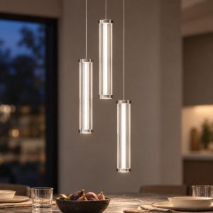 Lampadario a sospensione con 3 pendenti led 13w 2700k per cucina trasparente e nichel satinato