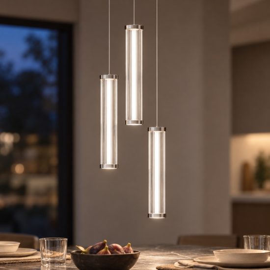 Lampadario a sospensione con 3 pendenti led 13w 2700k per cucina trasparente e nichel satinato