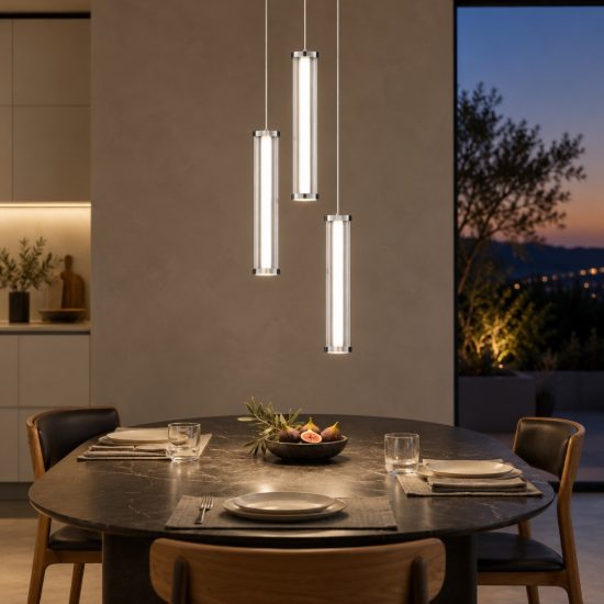 Lampadario a sospensione con 3 pendenti led 13w 2700k per cucina trasparente e nichel satinato