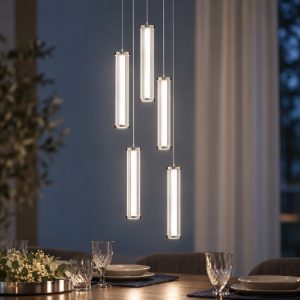 Lampadario a sospensione con 5 pendenti led 21w 2700k per soggiorno trasparente e nichel satinato
