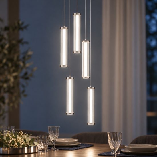 Lampadario a sospensione con 5 pendenti led 21w 2700k per soggiorno trasparente e nichel satinato