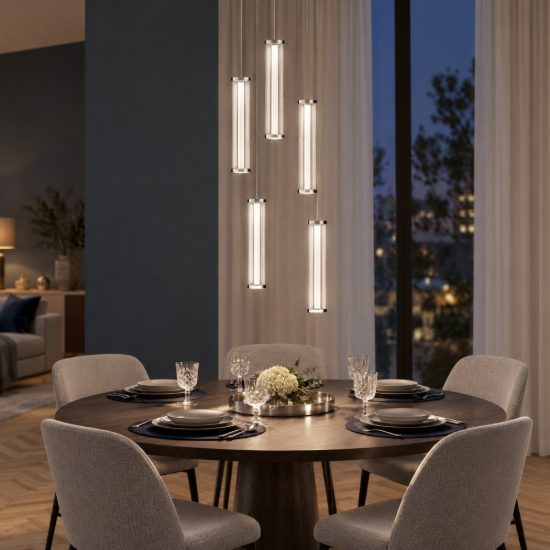Lampadario a sospensione con 5 pendenti led 21w 2700k per soggiorno trasparente e nichel satinato