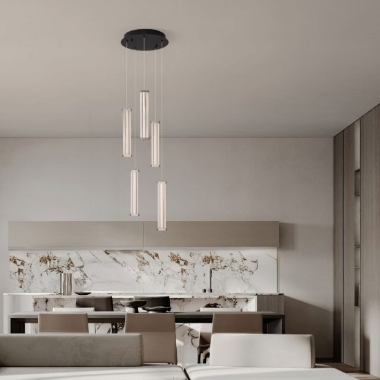 Lampadario a sospensione con 5 pendenti led 21w 2700k per soggiorno trasparente e nichel satinato