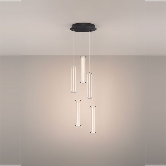 Lampadario a sospensione con 5 pendenti led 21w 2700k per soggiorno trasparente e nichel satinato