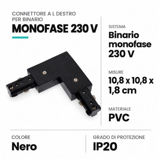 Connettore a l destro per binario monofase nero