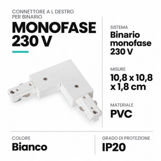 Connettore a l destro per binario monofase bianco