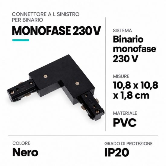Connettore a l sinistro per binario monofase nero