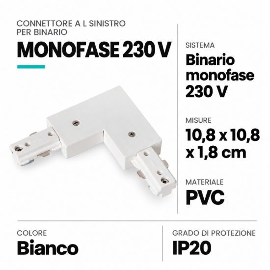 Connettore a l sinistro per binario monofase bianco