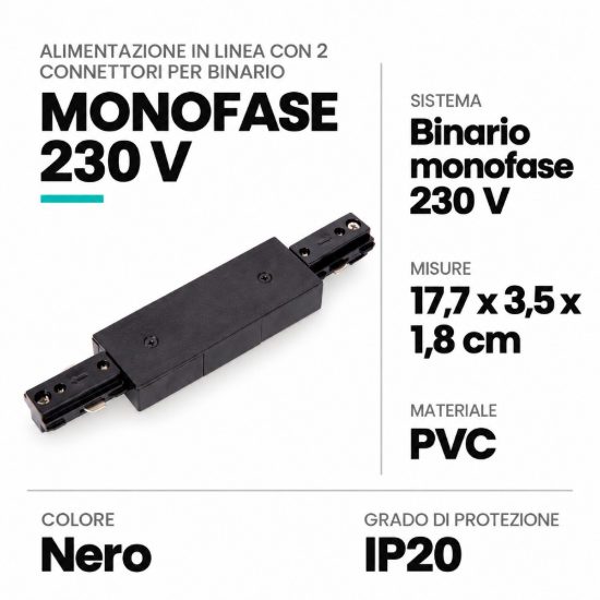 Alimentazione in linea con 2 connettori per binario monofase nero