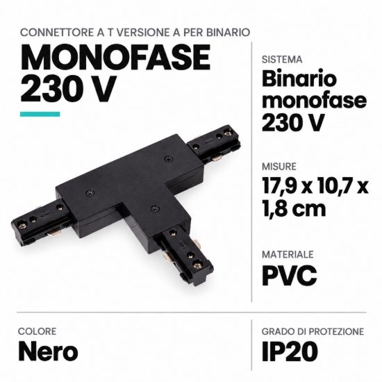 Connettore a t versione a per binario monofase nero