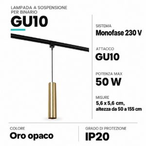 Lampada a sospensione per binario monofase cilindrica gu10 oro
