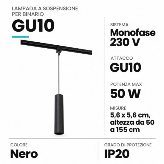 Lampada a sospensione per binario monofase cilindrica gu10 nero