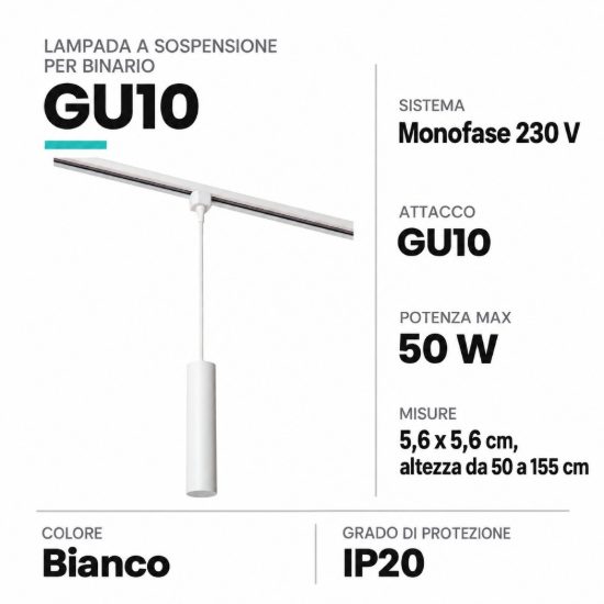 Lampada a sospensione per binario monofase cilindrica gu10 bianco